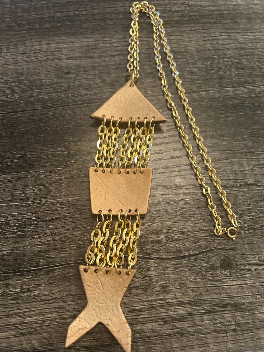 Vintage Leather Fish Pendant Necklace in Gold and Brown - Picture 3 of 4